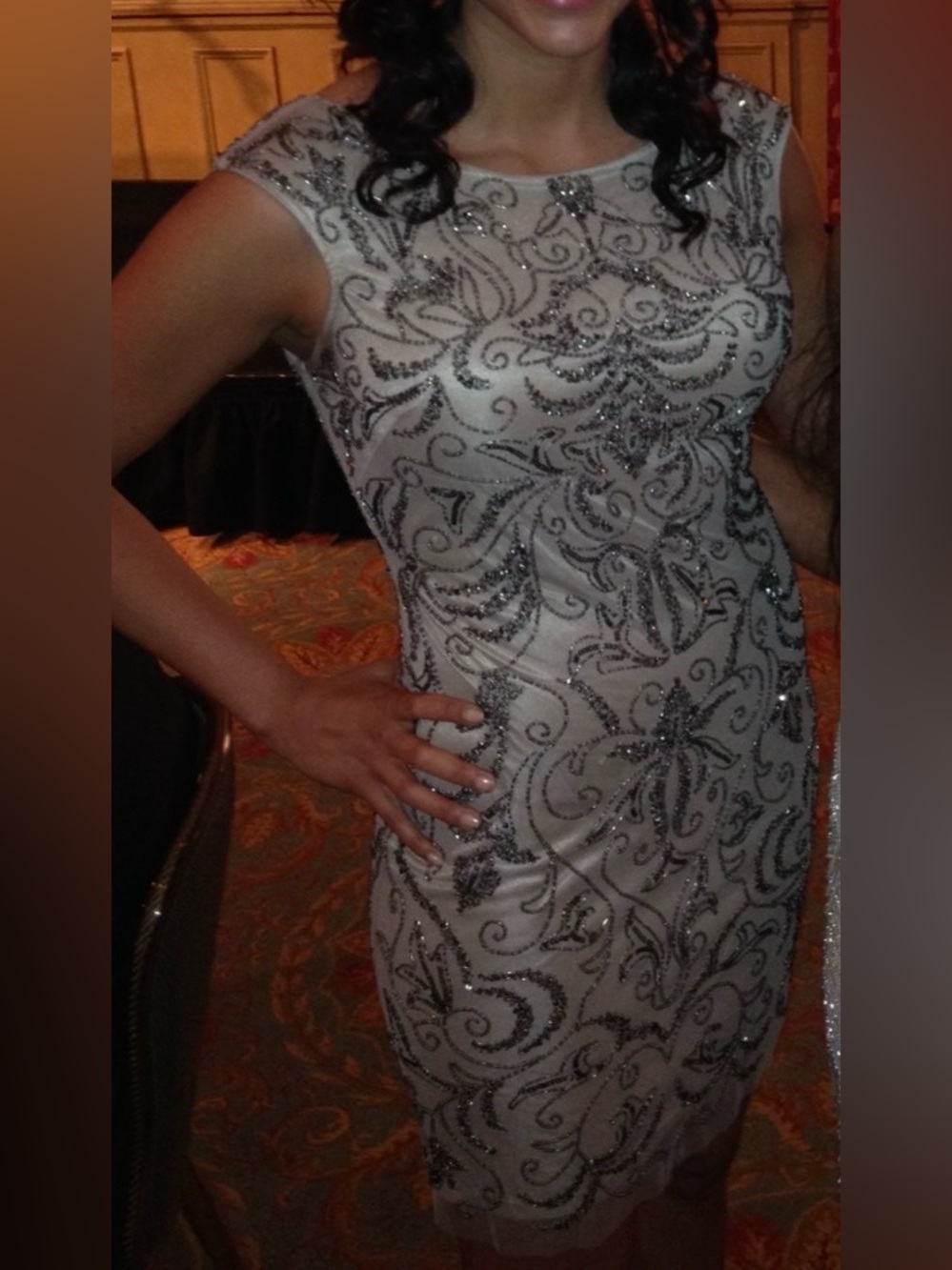 Adrianna Papell Beaded Taupe Midi Dress